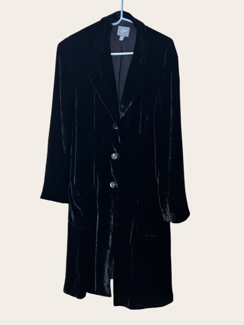 J.Jill Black Velvet Long Jacket Duster Notch Lapel Button Front Pockets Lined Me